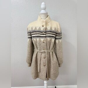 Vintage 1970s Hilda Ltd Two Tone Color Heavy Wool Boho Overcoat Belted Buttons S